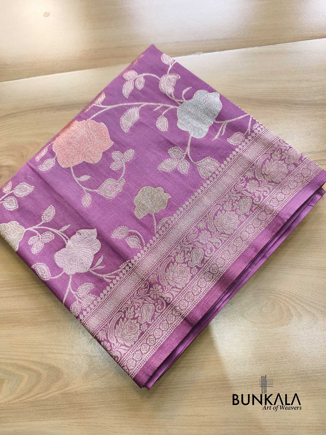 Mauve Purple Meenakari Big Leaf Jaal Weaved Banarasi Silk Saree