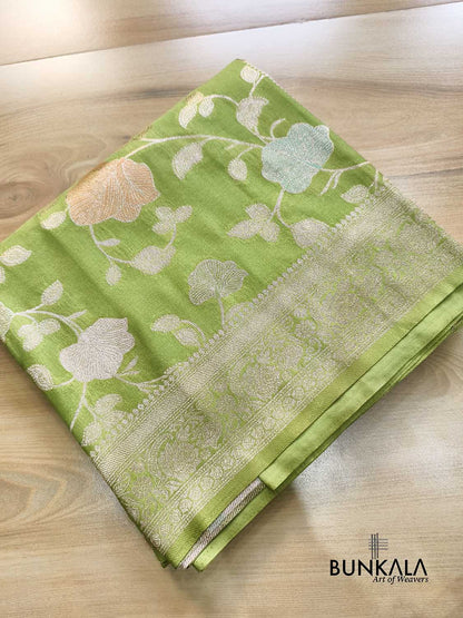 Apple Green Meenakari Big Leaf Jaal Weaved Banarasi Silk Saree