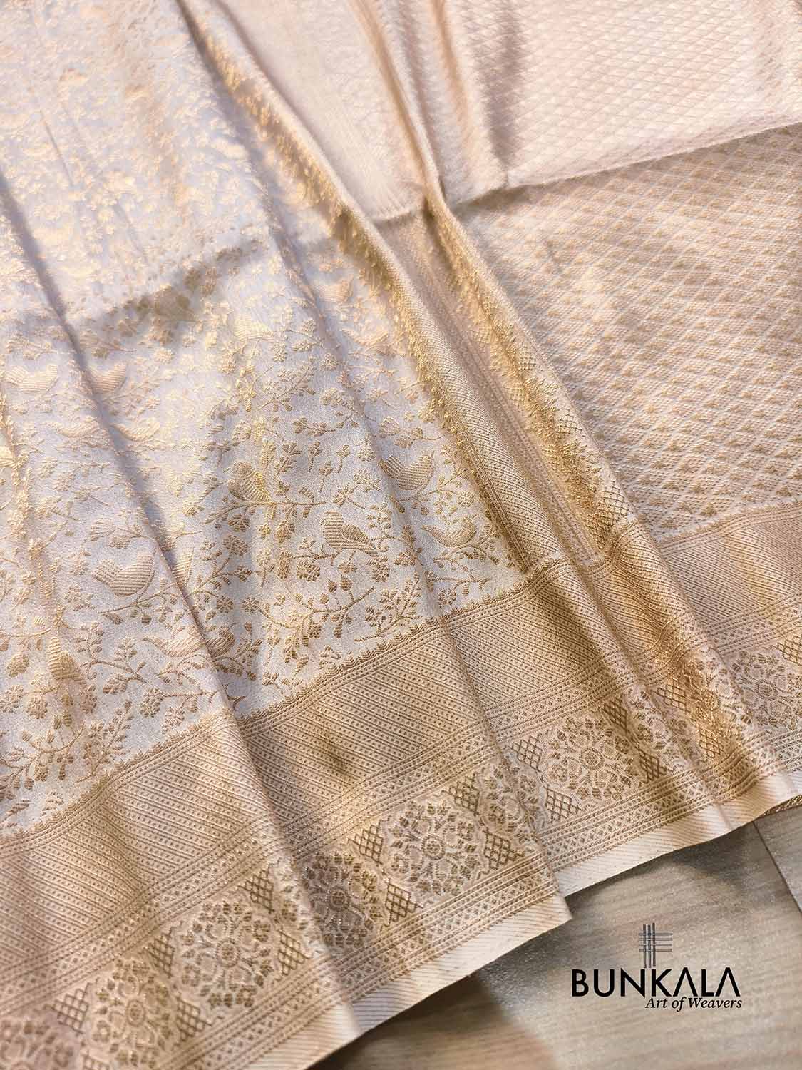 Ivory & Gold Birds Jaal Weaved Banarasi Silk Saree