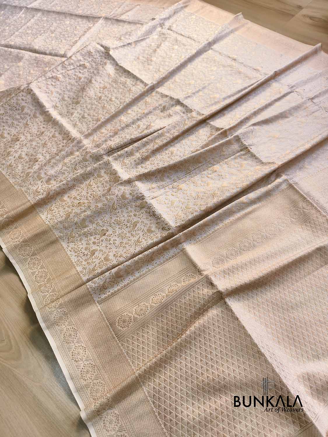 Ivory & Gold Birds Jaal Weaved Banarasi Silk Saree