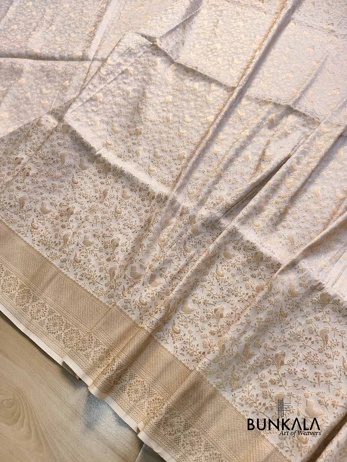Ivory & Gold Birds Jaal Weaved Banarasi Silk Saree