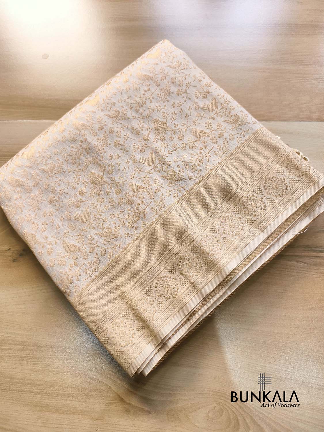 Ivory & Gold Birds Jaal Weaved Banarasi Silk Saree