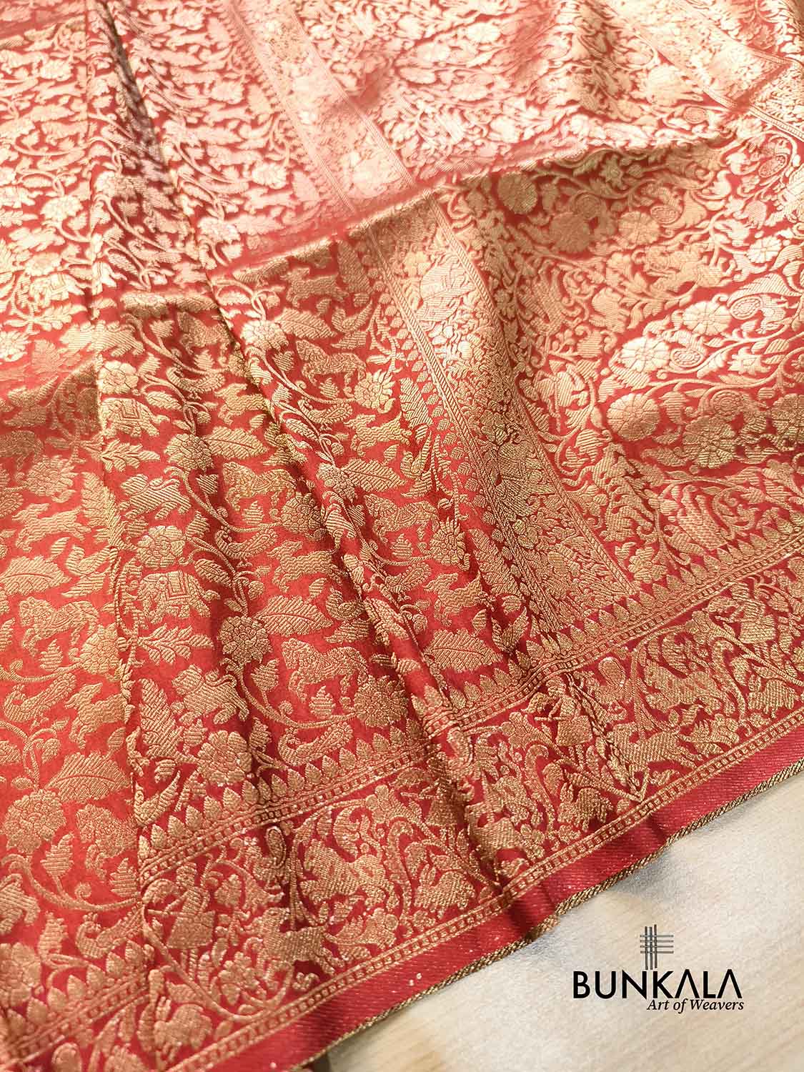 Rustic Orange Shikargha All Over Weaved Banarasi Silk Saree