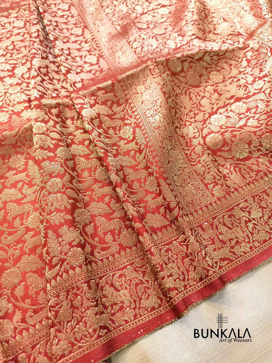 Rustic Orange Shikargha All Over Weaved Banarasi Silk Saree