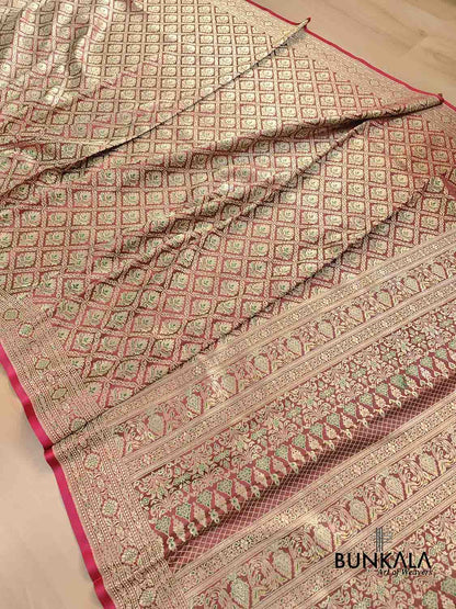 Maroon ane Green Mashru Silk Brocade Weaved Banarasi Saree