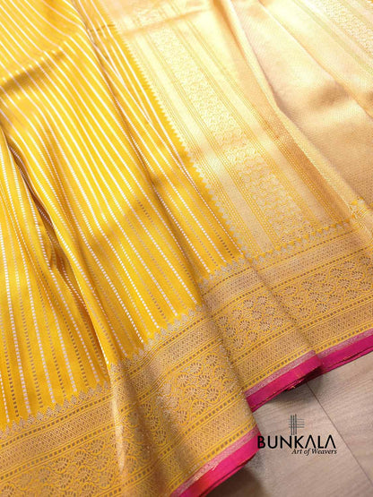 Yellow Gold Sona Rupa Stripe Handloom Banarasi Pure Katan Silk Saree