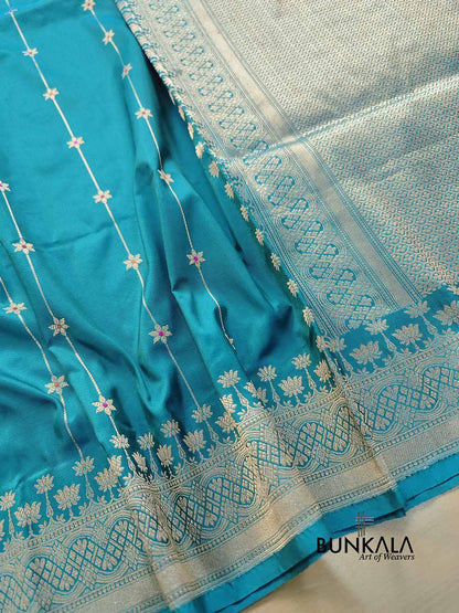 Bluish Green Kadwa Star Meenakari Buti Stripe Handloom Banarasi Pure Katan Silk Saree
