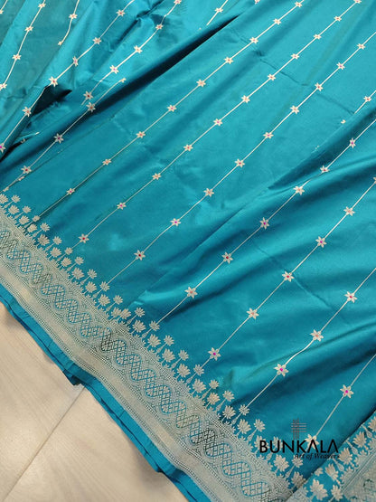 Bluish Green Kadwa Star Meenakari Buti Stripe Handloom Banarasi Pure Katan Silk Saree