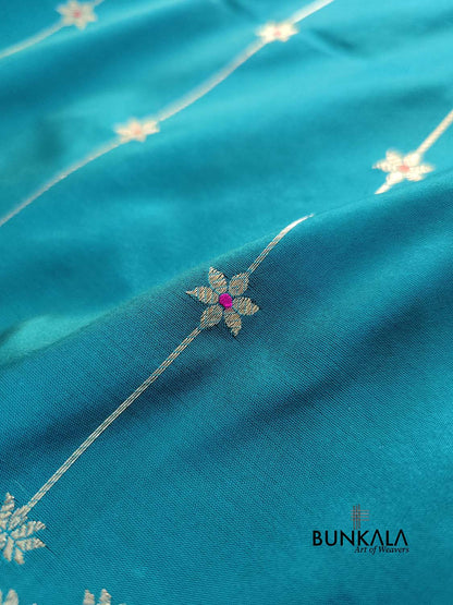 Bluish Green Kadwa Star Meenakari Buti Stripe Handloom Banarasi Pure Katan Silk Saree