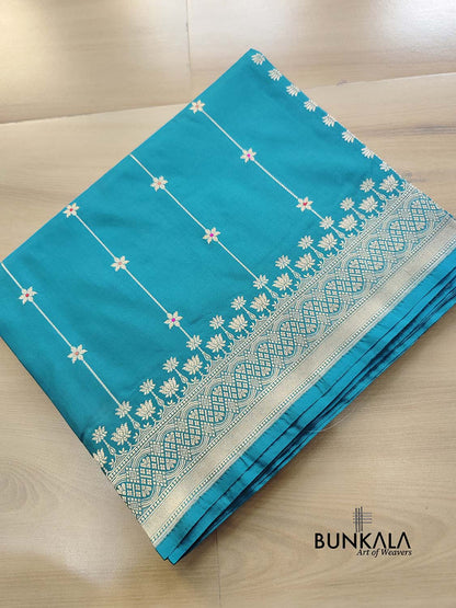 Bluish Green Kadwa Star Meenakari Buti Stripe Handloom Banarasi Pure Katan Silk Saree