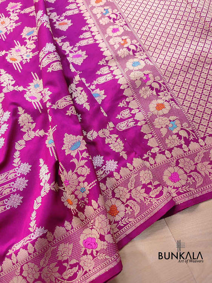 Magenta Pink Sona Rupa Meenakari Kadwa Handweaved Jangla Banarasi Pure Katan Silk Saree