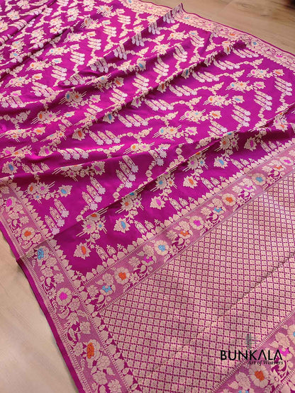 Magenta Pink Sona Rupa Meenakari Kadwa Handweaved Jangla Banarasi Pure Katan Silk Saree