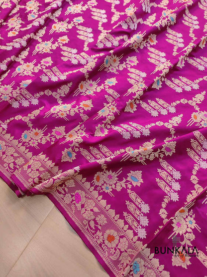 Magenta Pink Sona Rupa Meenakari Kadwa Handweaved Jangla Banarasi Pure Katan Silk Saree