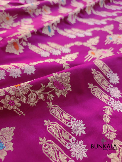 Magenta Pink Sona Rupa Meenakari Kadwa Handweaved Jangla Banarasi Pure Katan Silk Saree