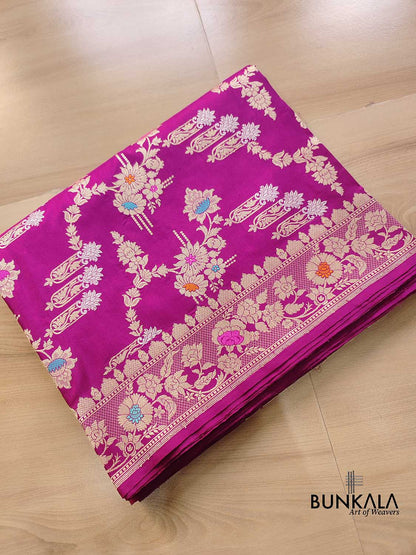 Magenta Pink Sona Rupa Meenakari Kadwa Handweaved Jangla Banarasi Pure Katan Silk Saree