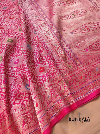 Reddish Pink Brocade Tanchui Meenakari Kadwa Handweaved Buta Banarasi Pure Katan Silk Saree