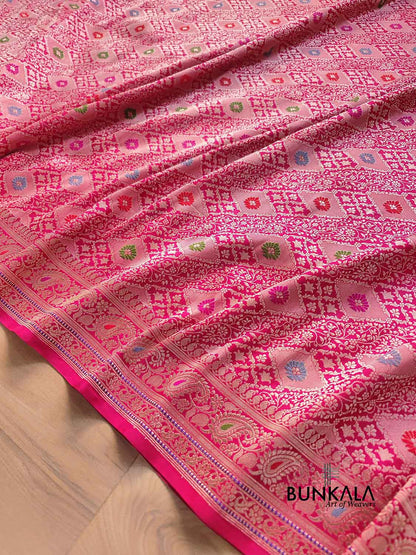 Reddish Pink Brocade Tanchui Meenakari Kadwa Handweaved Buta Banarasi Pure Katan Silk Saree