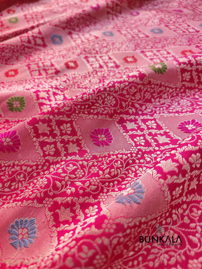 Reddish Pink Brocade Tanchui Meenakari Kadwa Handweaved Buta Banarasi Pure Katan Silk Saree