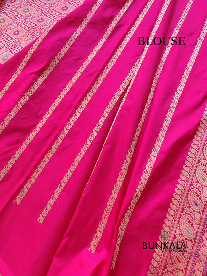Reddish Pink Brocade Tanchui Meenakari Kadwa Handweaved Buta Banarasi Pure Katan Silk Saree