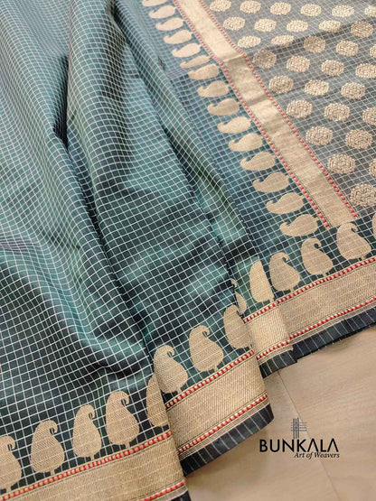 Bottle Green Checks Paisley Kadwa Handweaved Banarasi Pure Katan Silk Saree