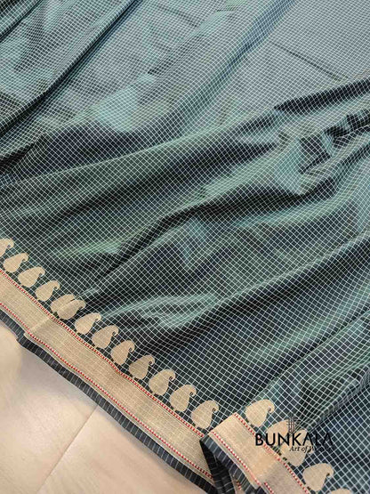 Bottle Green Checks Paisley Kadwa Handweaved Banarasi Pure Katan Silk Saree