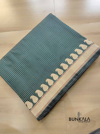 Bottle Green Checks Paisley Kadwa Handweaved Banarasi Pure Katan Silk Saree