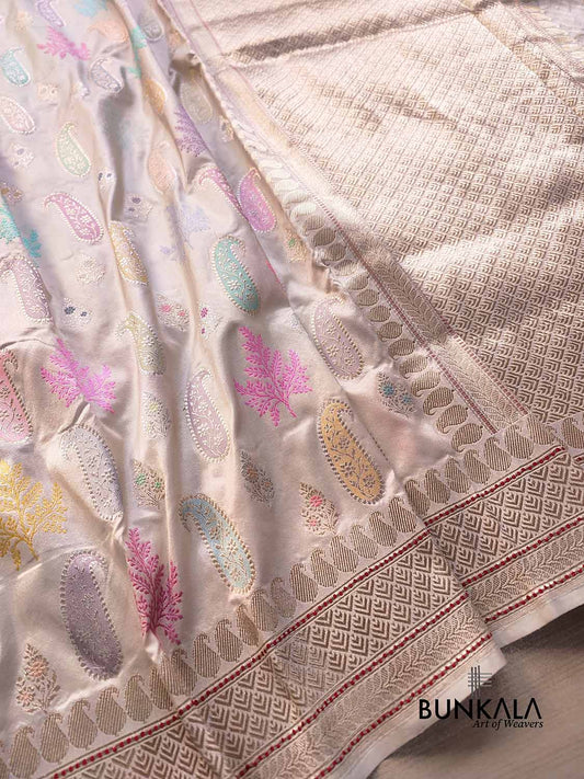 Ivory Multicolor Buta Rangkat Hand Kadwa Weaved Banarasi Pure Katan Silk Saree