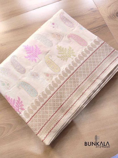 Ivory Multicolor Buta Rangkat Hand Kadwa Weaved Banarasi Pure Katan Silk Saree