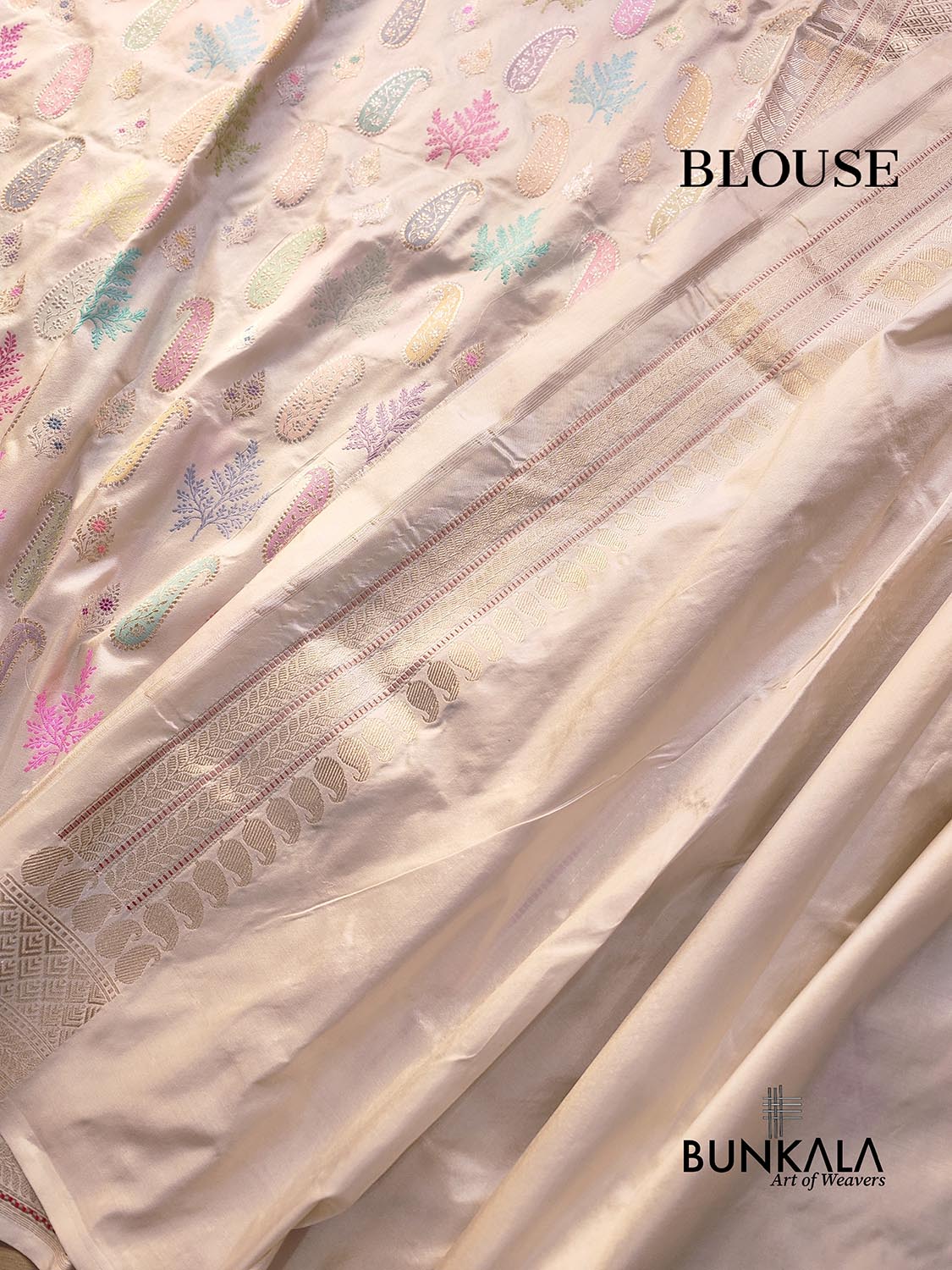 Ivory Multicolor Buta Rangkat Hand Kadwa Weaved Banarasi Pure Katan Silk Saree