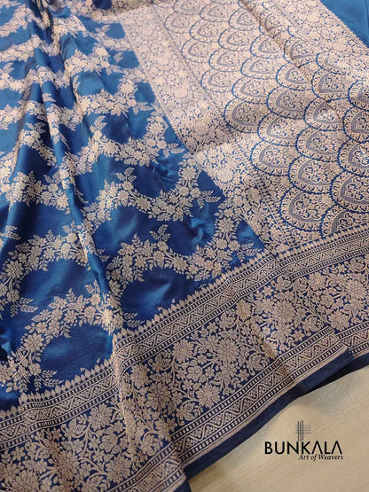 Blue Floral Jaal Handloom Banarasi Pure Katan Silk Saree