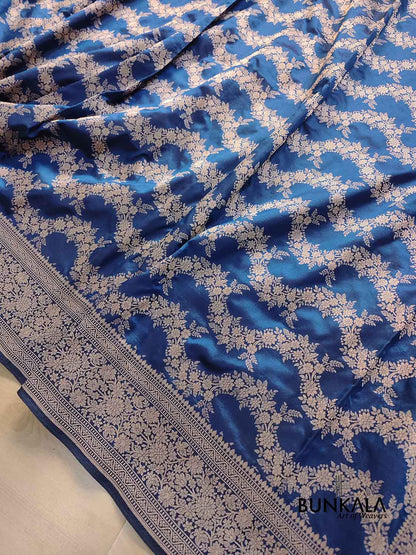 Blue Floral Jaal Handloom Banarasi Pure Katan Silk Saree