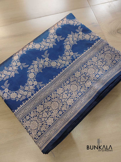 Blue Floral Jaal Handloom Banarasi Pure Katan Silk Saree