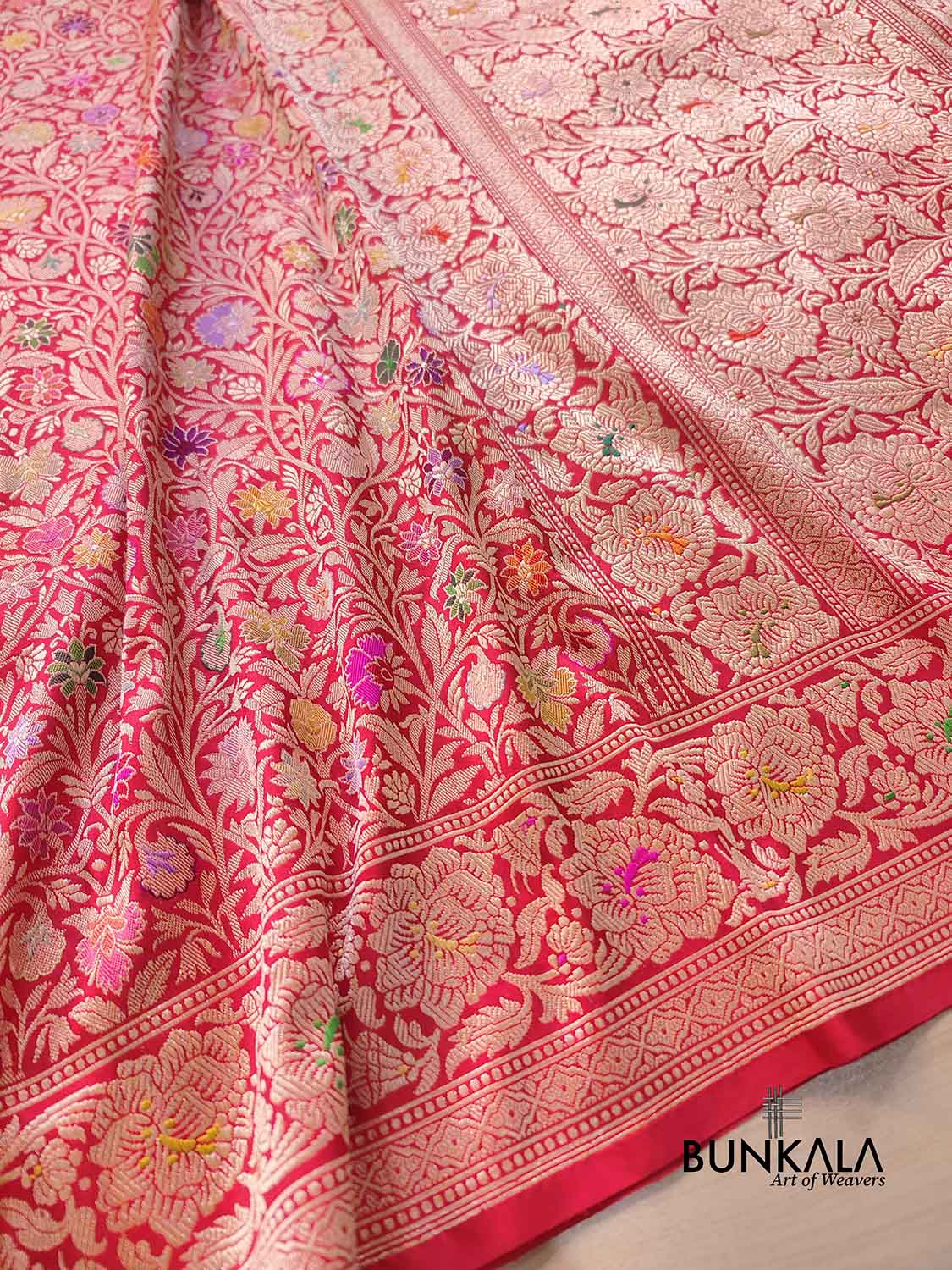 Red Kimkhwab Floral Jaal Meenakari Hand Kadwa Weaved Banarasi Pure Katan Silk Saree