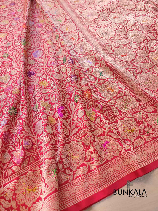 Red Kimkhwab Floral Jaal Meenakari Hand Kadwa Weaved Banarasi Pure Katan Silk Saree