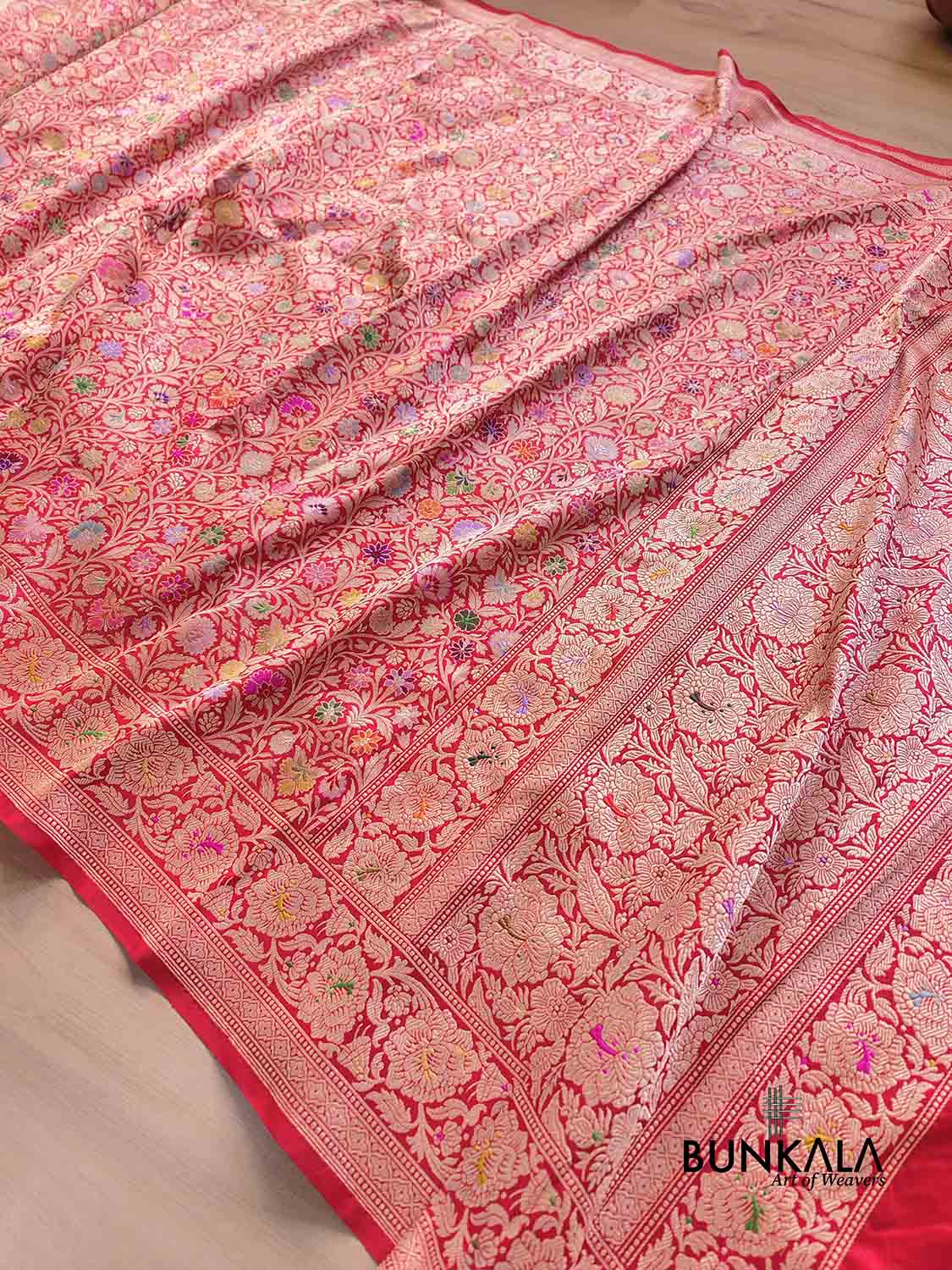 Red Kimkhwab Floral Jaal Meenakari Hand Kadwa Weaved Banarasi Pure Katan Silk Saree