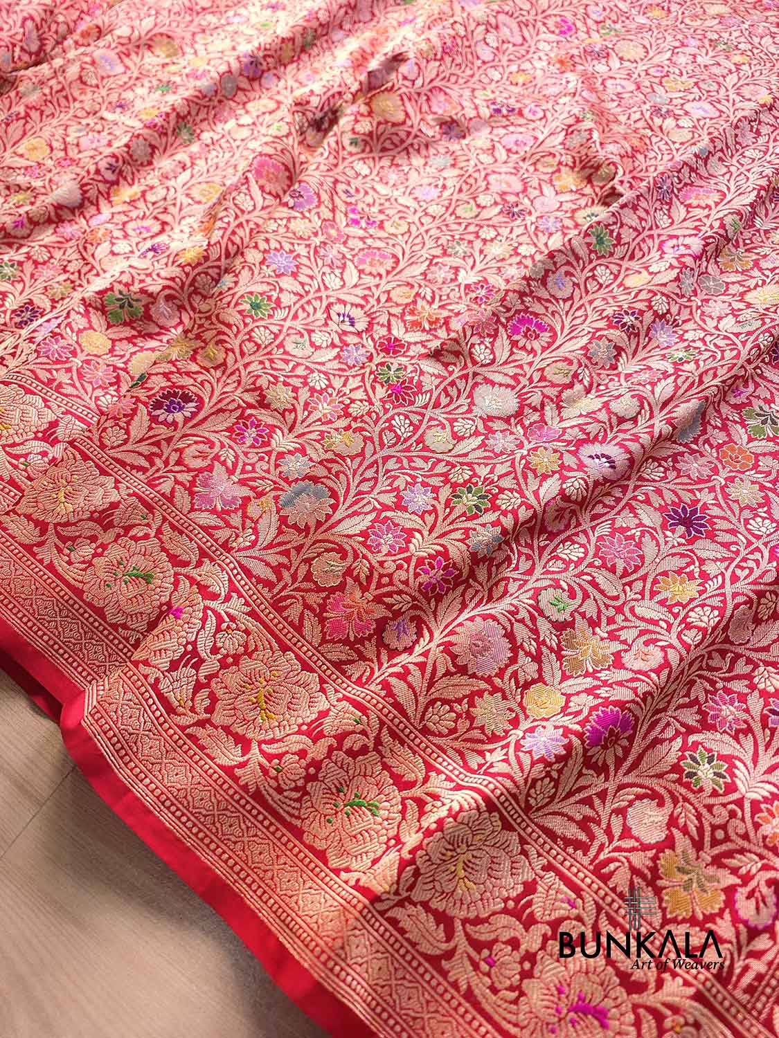 Red Kimkhwab Floral Jaal Meenakari Hand Kadwa Weaved Banarasi Pure Katan Silk Saree