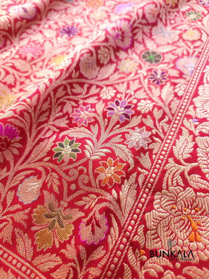 Red Kimkhwab Floral Jaal Meenakari Hand Kadwa Weaved Banarasi Pure Katan Silk Saree