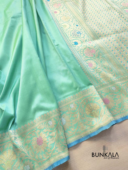 Pastel Green Plain Handloom Banarasi Pure Katan Silk Saree with Floral Meenakari Border 