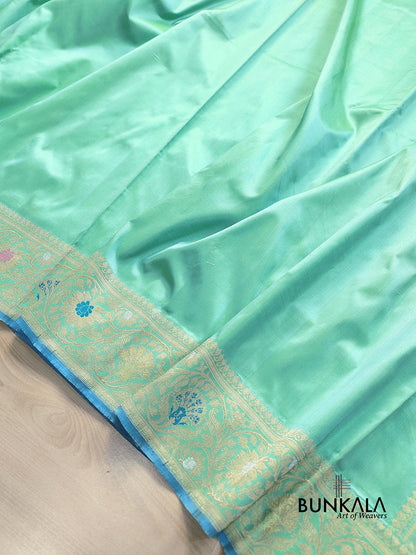 Pastel Green Plain Handloom Banarasi Pure Katan Silk Saree with Floral Meenakari Border 