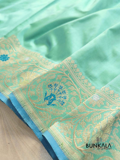 Pastel Green Plain Handloom Banarasi Pure Katan Silk Saree with Floral Meenakari Border 