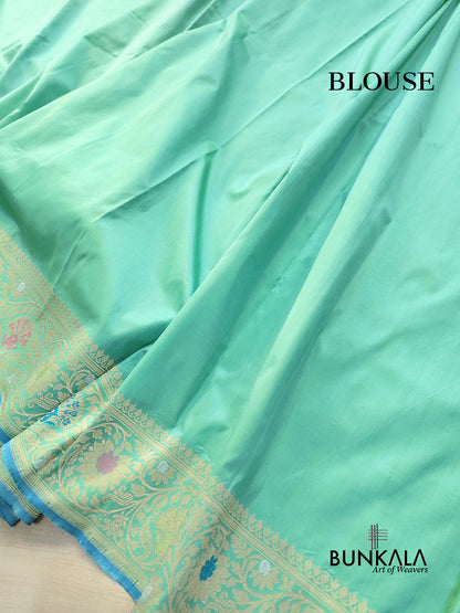 Pastel Green Plain Handloom Banarasi Pure Katan Silk Saree with Floral Meenakari Border 