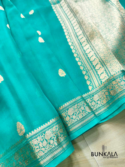 Turquoise Blue Kadwa Sona Zari Small Buti Handloom Banarasi Pure Organza Silk Saree