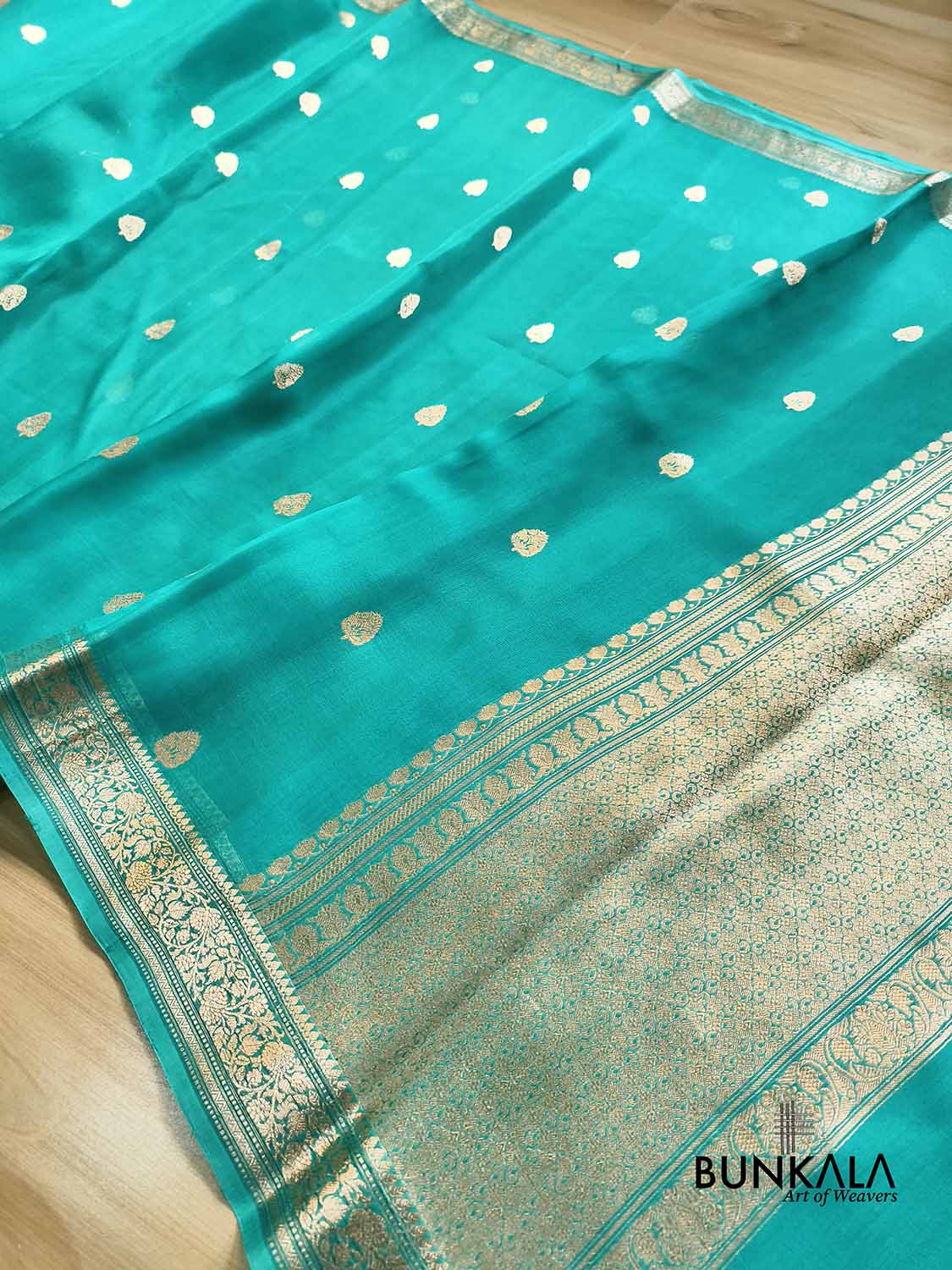 Turquoise Blue Kadwa Sona Zari Small Buti Handloom Banarasi Pure Organza Silk Saree