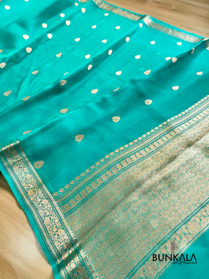 Turquoise Blue Kadwa Sona Zari Small Buti Handloom Banarasi Pure Organza Silk Saree