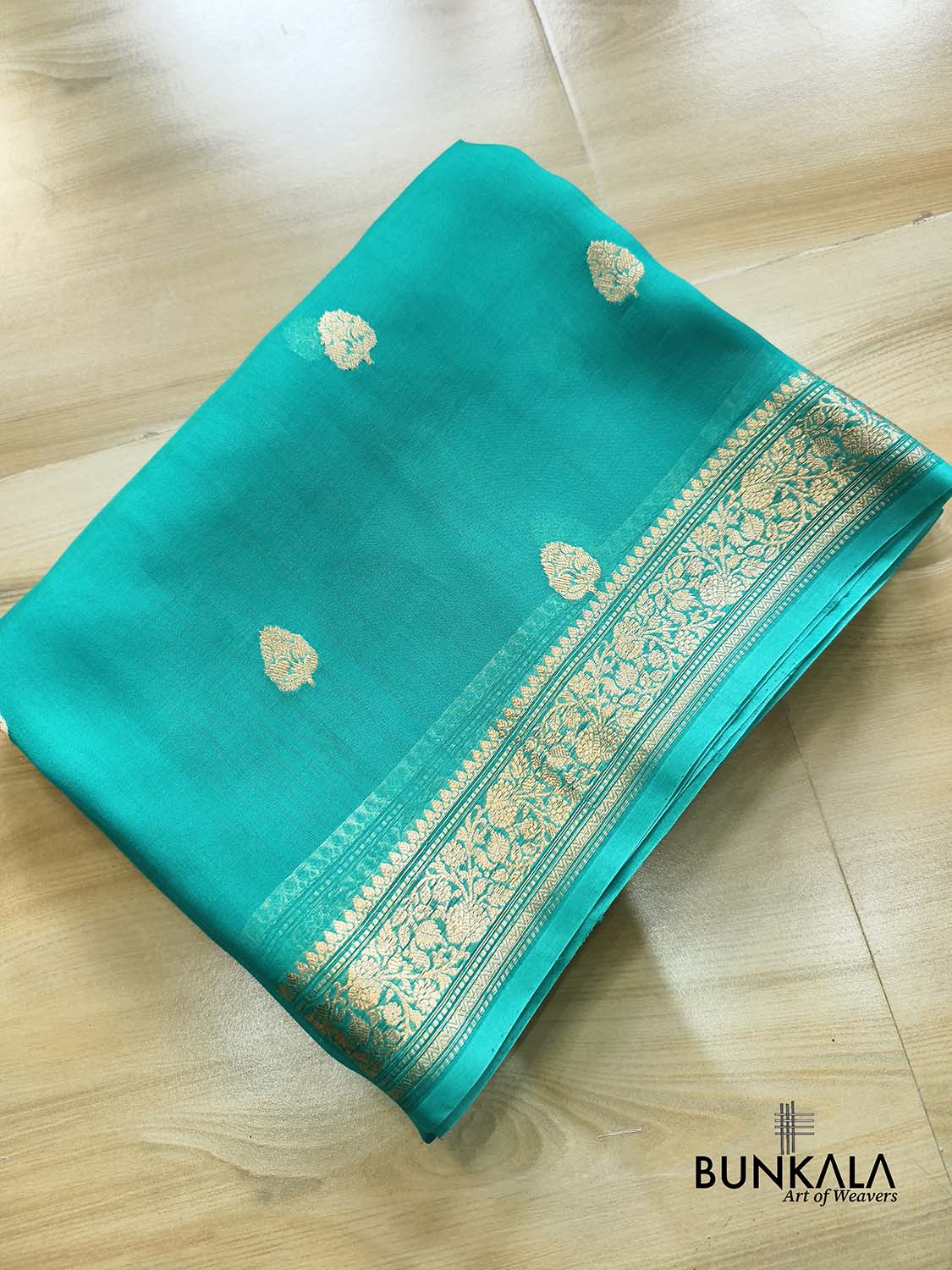 Turquoise Blue Kadwa Sona Zari Small Buti Handloom Banarasi Pure Organza Silk Saree