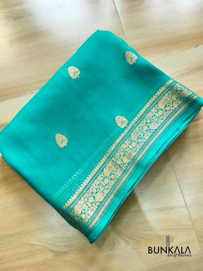 Turquoise Blue Kadwa Sona Zari Small Buti Handloom Banarasi Pure Organza Silk Saree