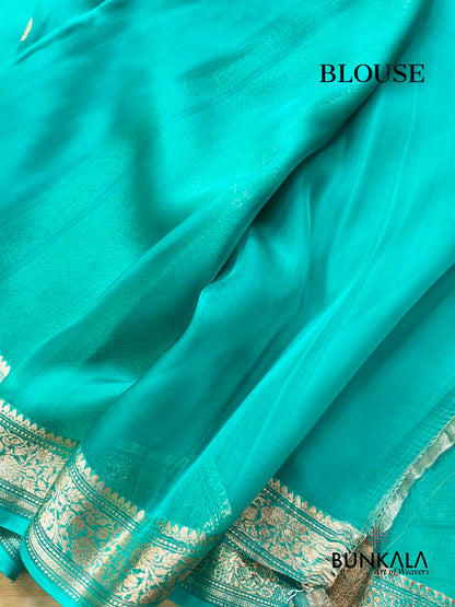 Turquoise Blue Kadwa Sona Zari Small Buti Handloom Banarasi Pure Organza Silk Saree