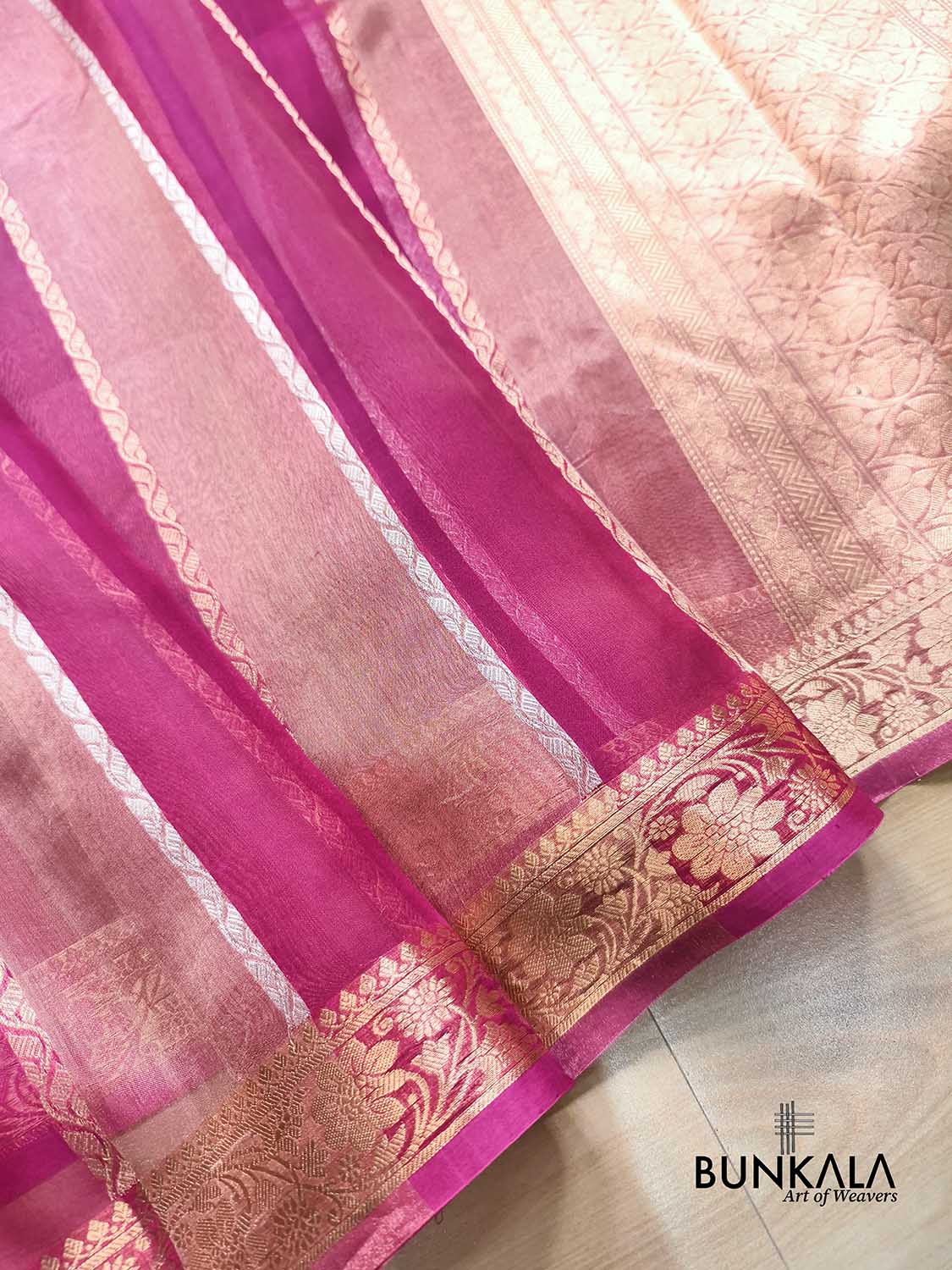 Rani Pink Gold Silver Zari Stripe Handloom Banarasi Pure Tissue Organza Silk Saree