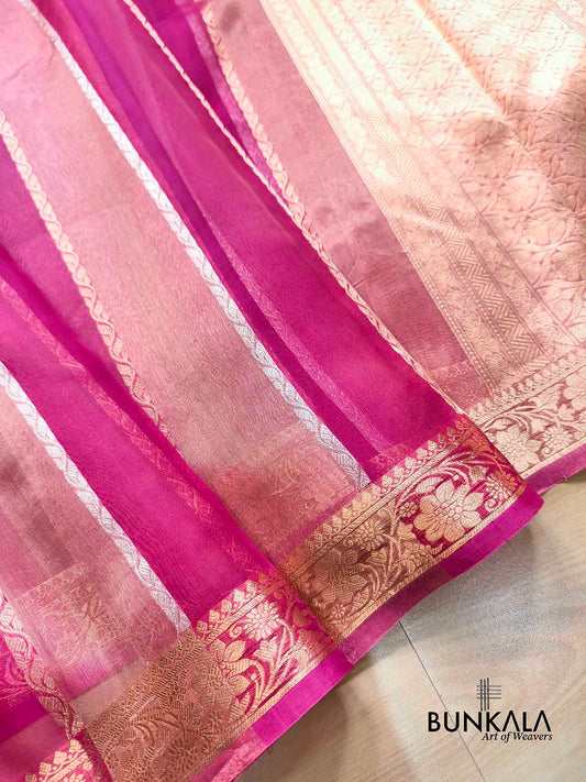 Rani Pink Gold Silver Zari Stripe Handloom Banarasi Pure Tissue Organza Silk Saree