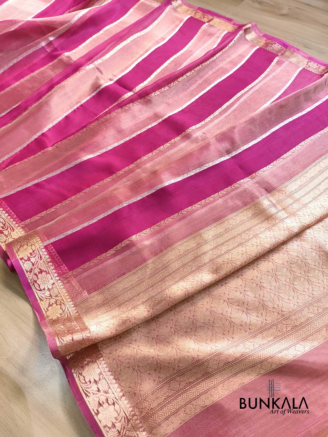 Rani Pink Gold Silver Zari Stripe Handloom Banarasi Pure Tissue Organza Silk Saree